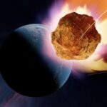 An illustration of a glowing rocky asteroid headed towards a blue planet in shadow.