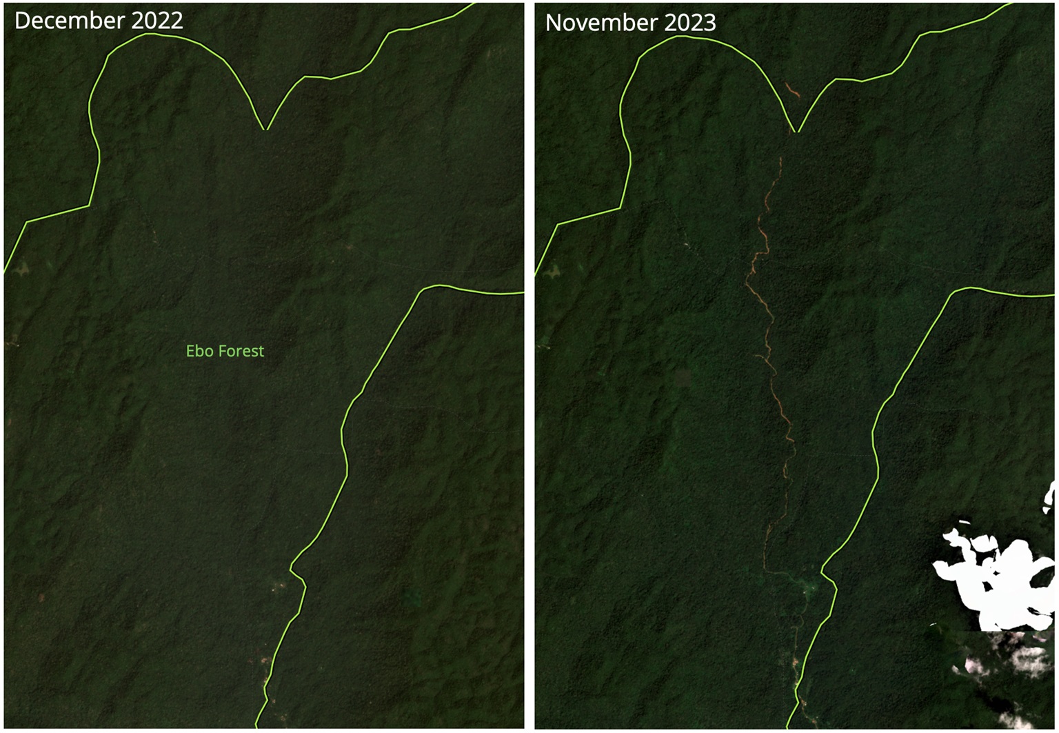 Satellietbeelden van Planet Labs, toegankelijk via Global Forest Watch, tonen de aanleg van een weg in het noordoosten van Ebo tussen december 2022 en november 2023.