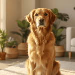 Golden retriever sitting calmly in sunlit living room, representing hope for dog owners researching turkey tail mushroom for dogs