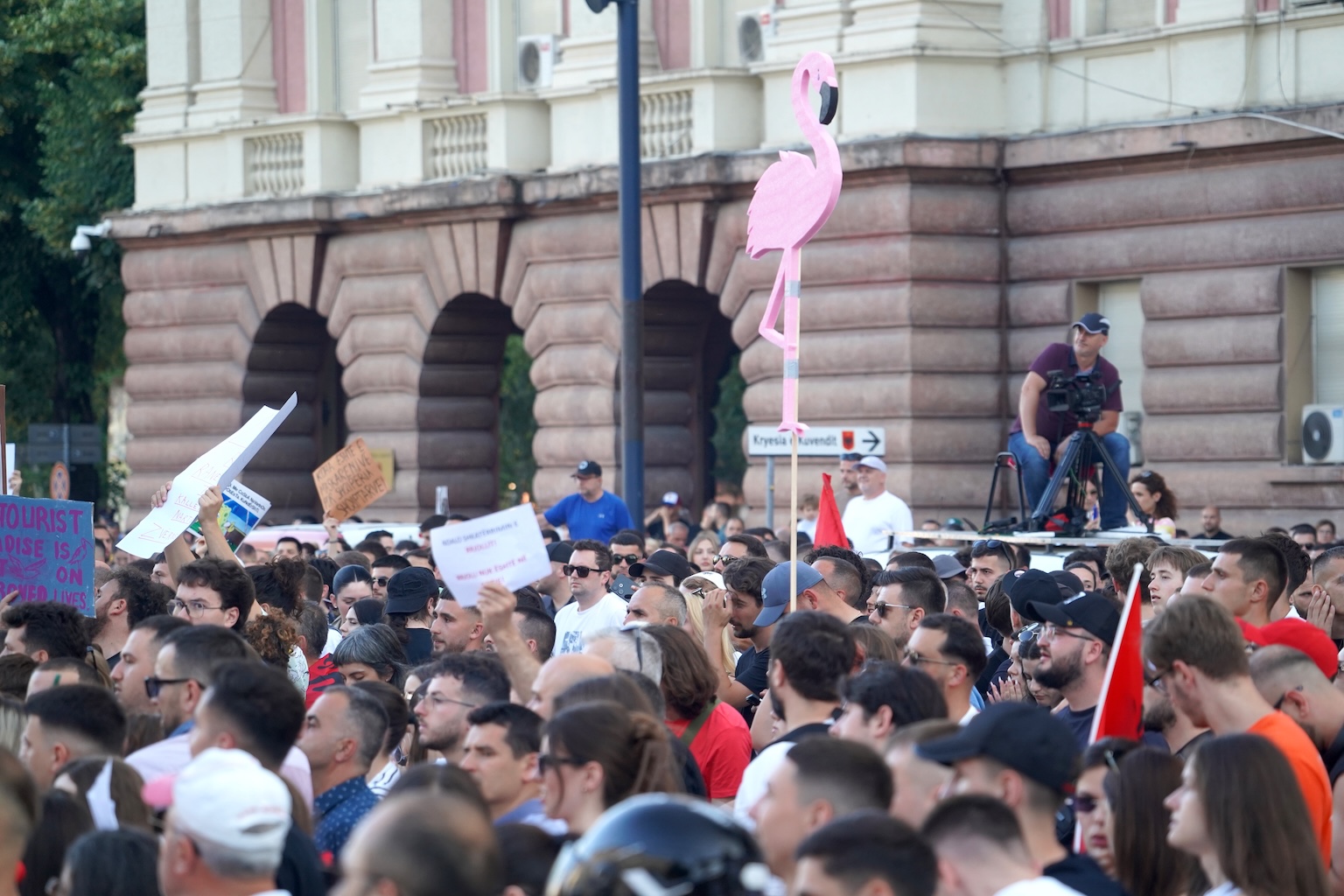 Een kartonnen flamingo steekt boven de menigte uit tijdens een protest in Tirana, waar de vogel het onwaarschijnlijke symbool is geworden van een beweging die de Albanezen de Flamingo-revolutie hebben genoemd. Afbeelding door Stefan Lovgren voor Mongabay.