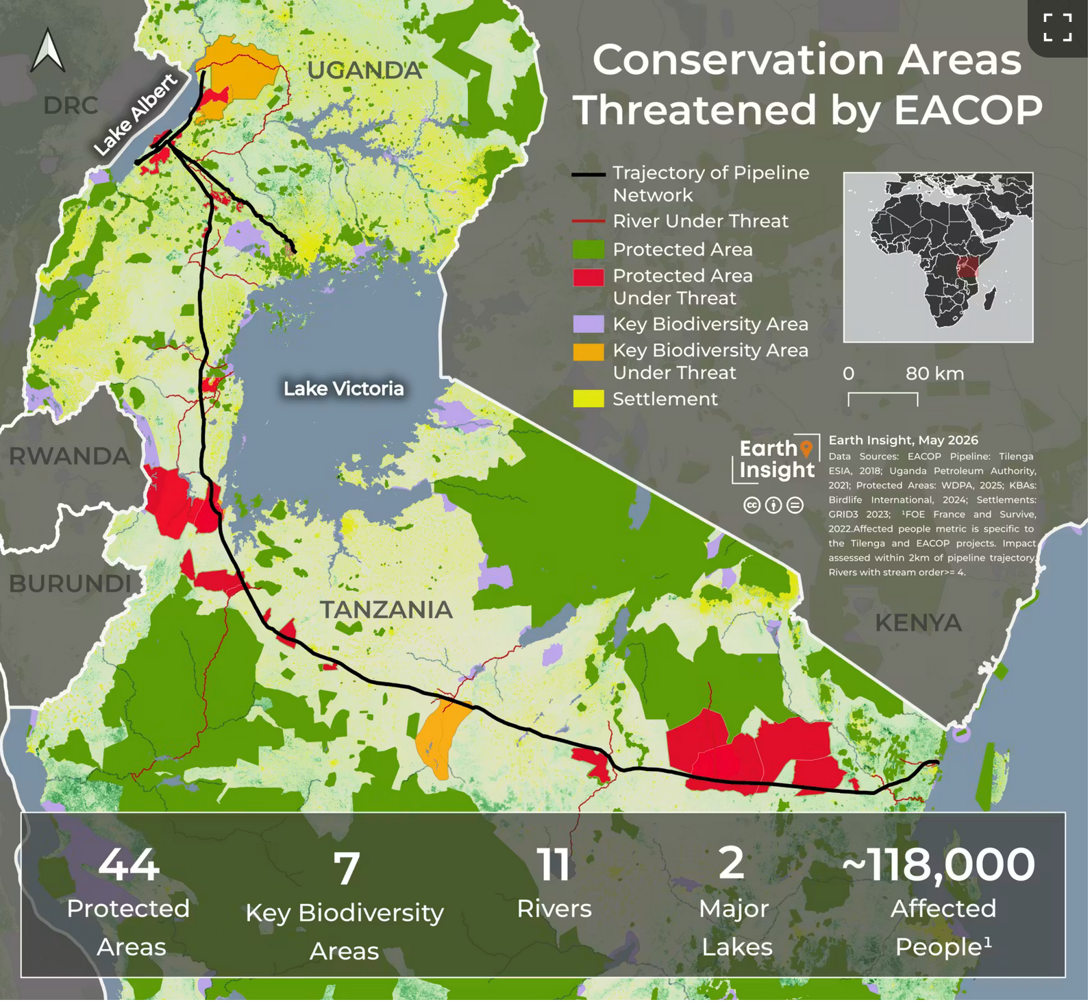 Afbeeldingen van Earth Insight tonen de route van de East Africa Crude Oil Pipeline (EACOP) en de impact ervan op verschillende belangrijke ecologische gebieden.
