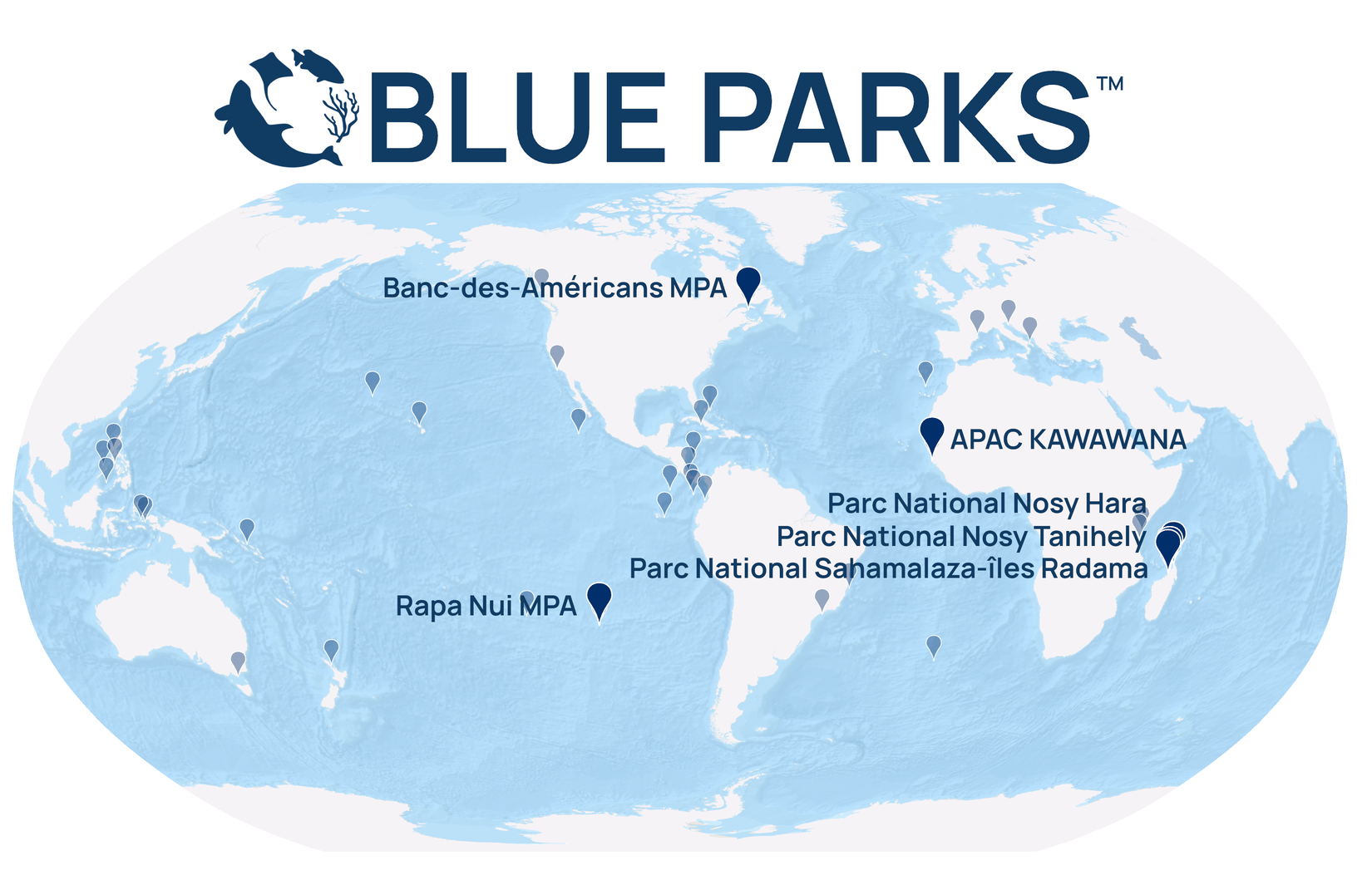 Een kaart met de locaties van de beschermde mariene gebieden die de Blue Park Awards 2026 hebben ontvangen. Afbeelding met dank aan het Marine Conservation Institute.