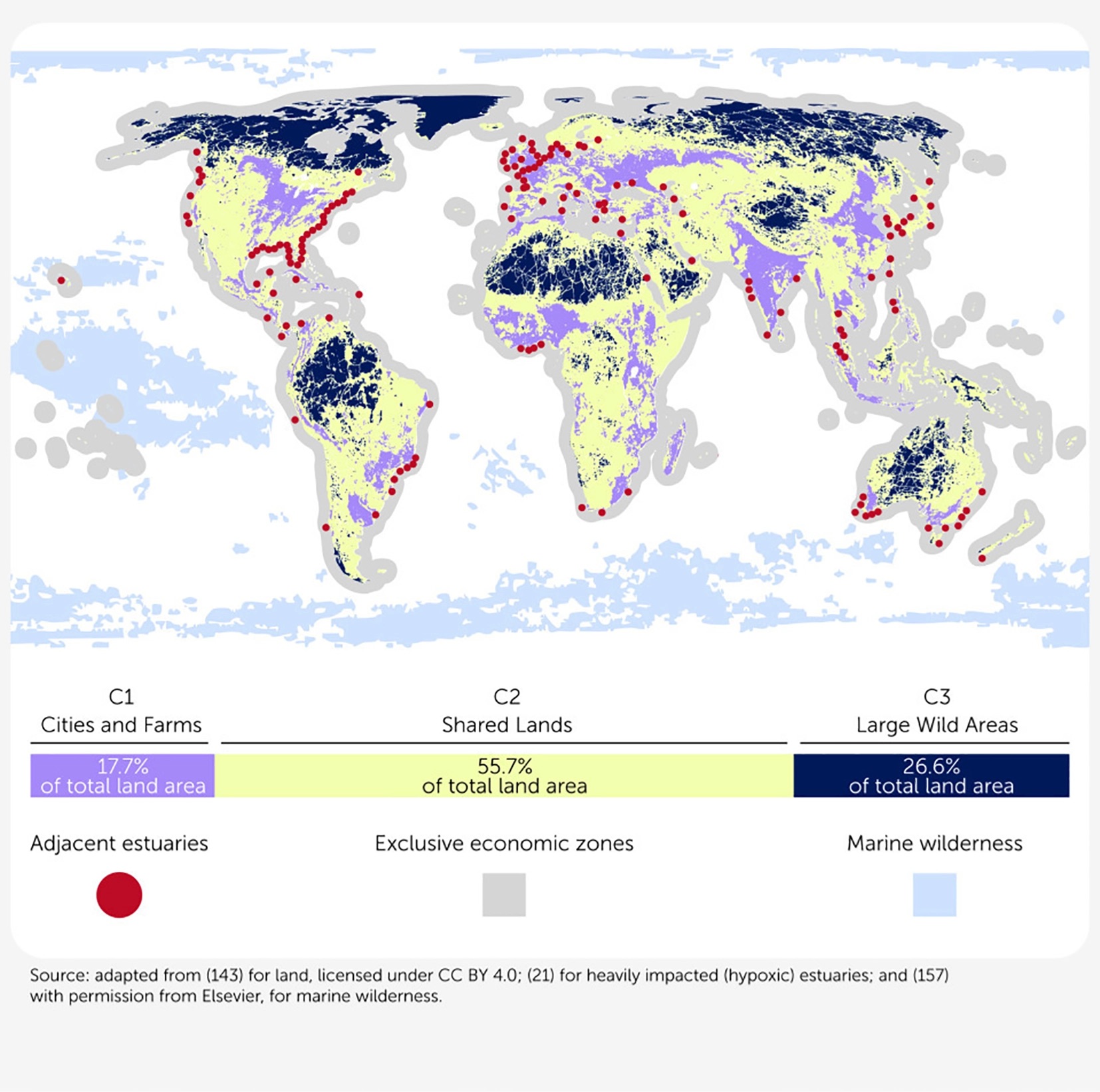 Een kaart toont de 3C’s, of het Three Global Condition Framework, dat de omvang van de menselijke impact op ecosystemen wereldwijd laat zien. Afbeelding met dank aan Locke et al., 2026 (CC BY 4.0).