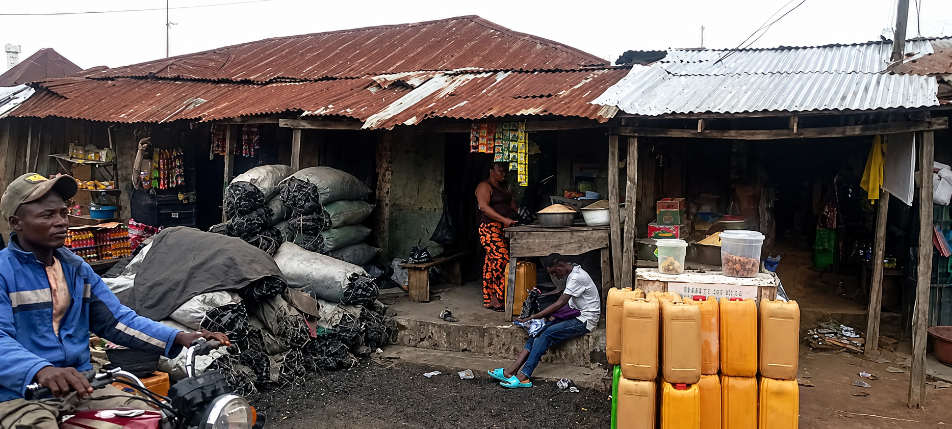 Een winkel die houtskool verkoopt op de Byazhin-markt, Kubwa-district van Abuja, Nigeria. Afbeelding door Ini Ekott/Mongabay.