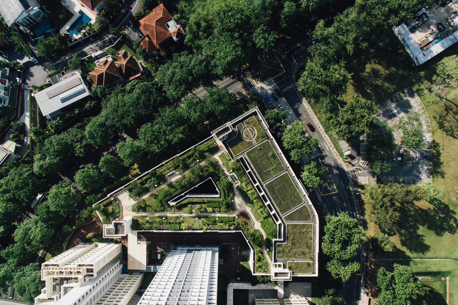 Groene daken in Singapore. Dit soort UHI-beperking kan vaak alleen worden bereikt door degenen die rijk genoeg zijn om het zich te kunnen veroorloven.