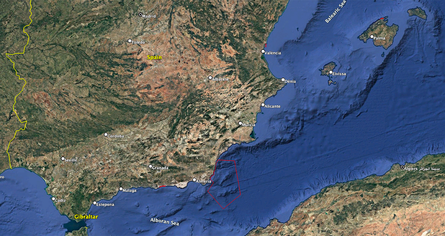 De voorgestelde beschermde mariene gebieden bestrijken ook delen van de Middellandse Zee langs de kusten van Valencia, Almería, Granada en het Baleareneiland Mallorca. Afbeelding door Francesco De Augustinis voor Mongabay, met behulp van gegevens van het Spaanse Ministerie voor de Ecologische Transitie en de Demografische Uitdaging.