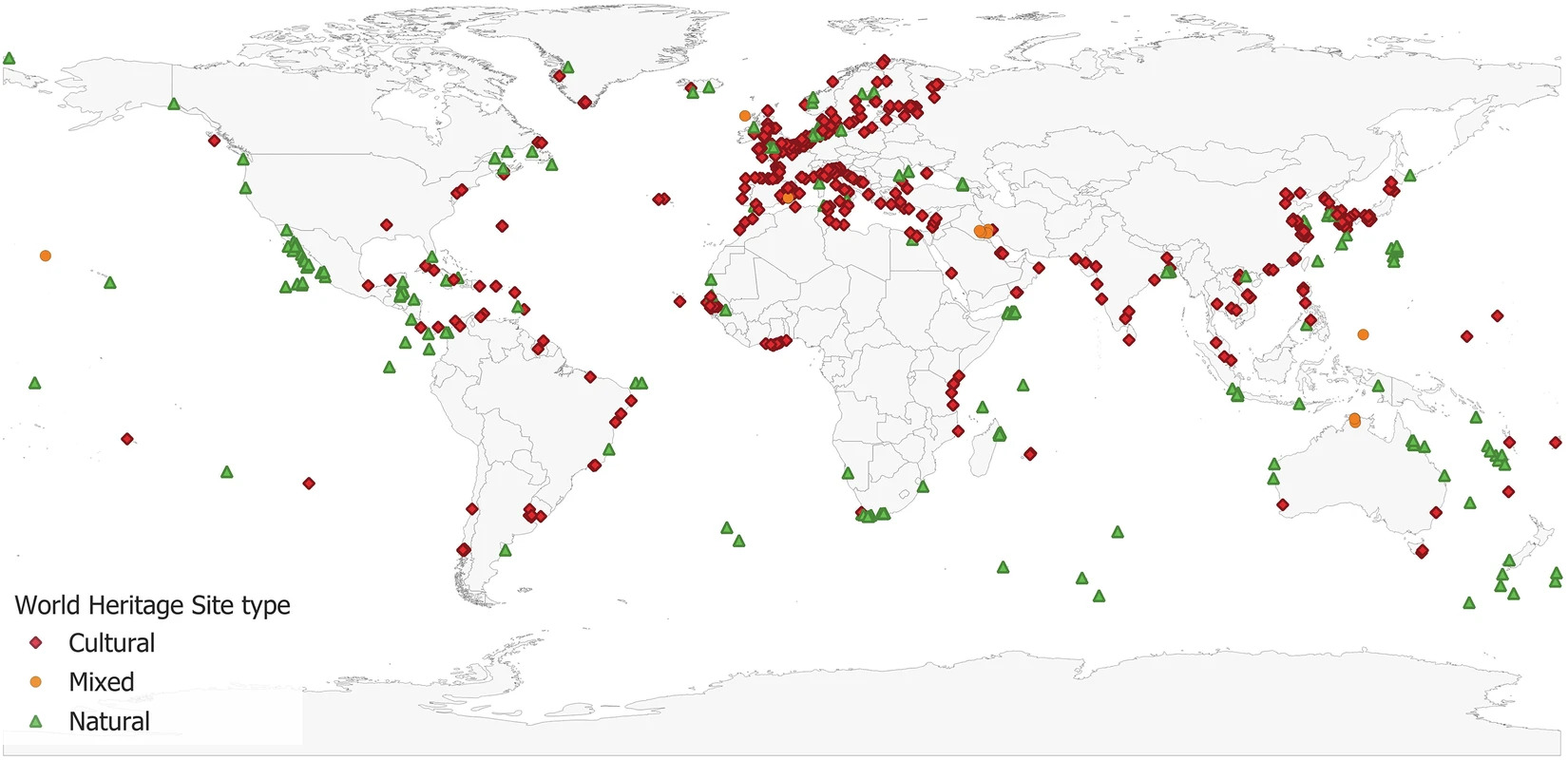 Mondiale verspreiding van werelderfgoedlocaties gedigitaliseerd door het Global Coastal Heritage Mapping Project. 