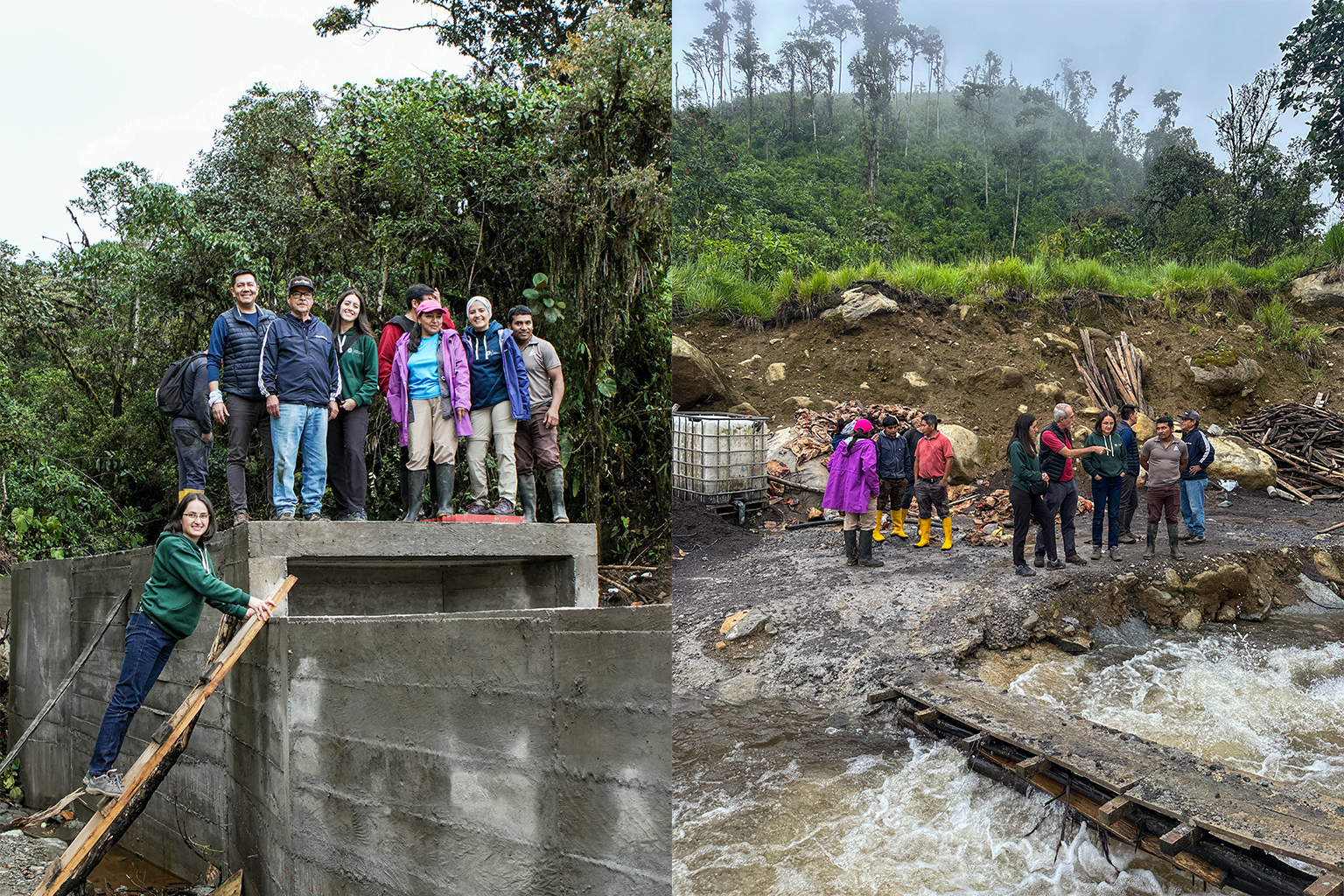 (Links) Leiders van de Río Aguagrún Families Association, samen met het technische team van de Toisán Corporation en de Futuro Foundation, bij de inlaatinfrastructuur van de waterkrachtcentrale. (Rechts) Leden van de vereniging nemen deel aan een gemeenschapswerkdag om de micro-waterkrachtcentrale te bouwen. Afbeeldingen met dank aan Fundación Futuro.