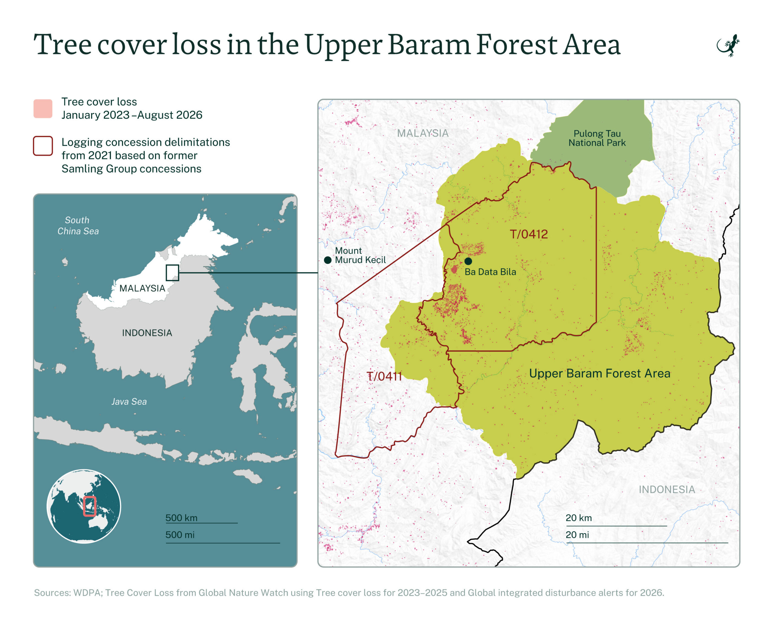 kaart met het verlies aan boombedekking in het Upper Baram Forest-gebied tussen 2023 en 2026