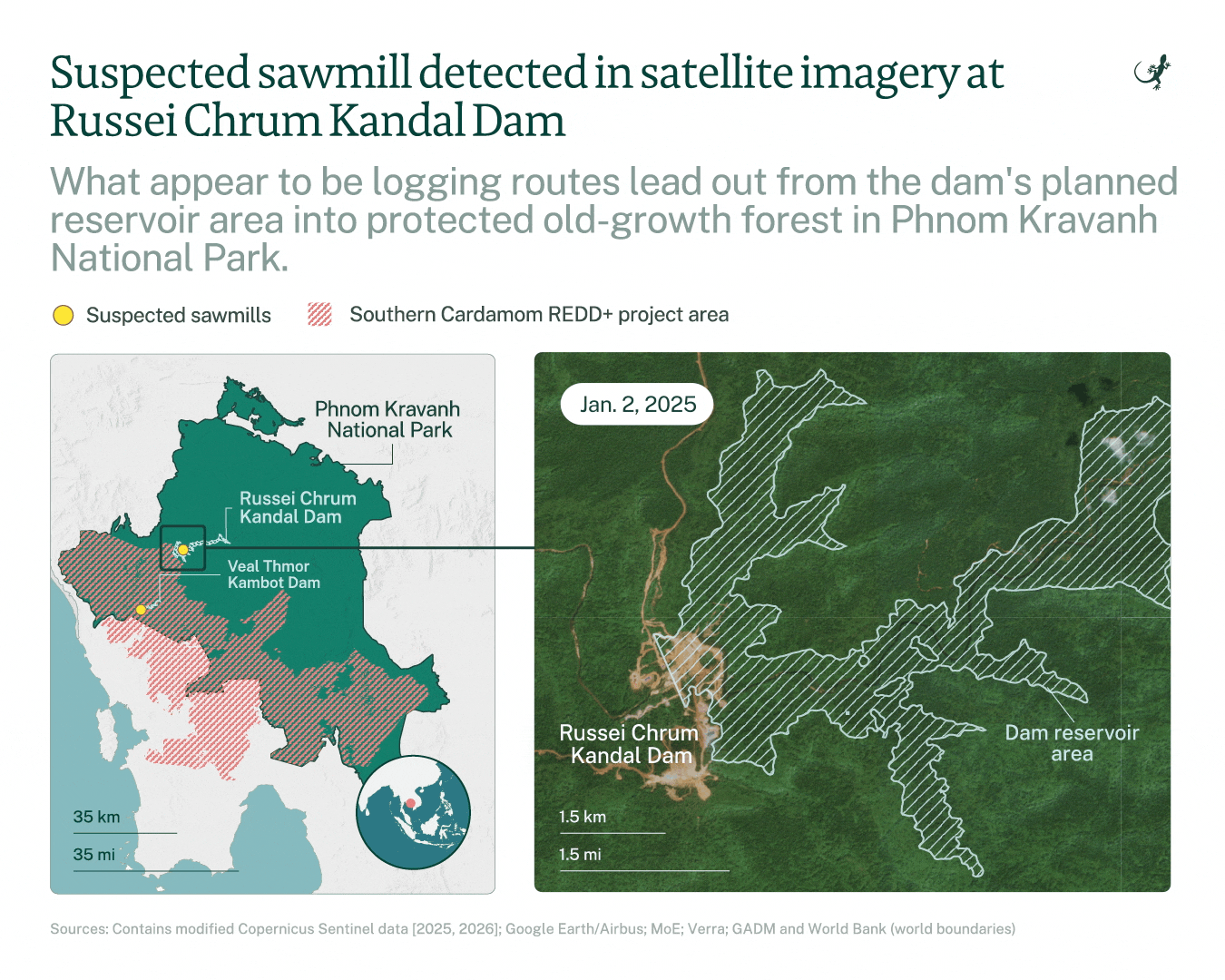 Satellietbeelden onthullen een netwerk van wat lijkt op houtkaproutes die buiten het reservoirgebied van de dam zijn uitgesneden en aansluiten op wat deskundigen het erover eens zijn dat het op een houtzagerij lijkt. Afbeelding door Emilie Languedoc/Mongabay.