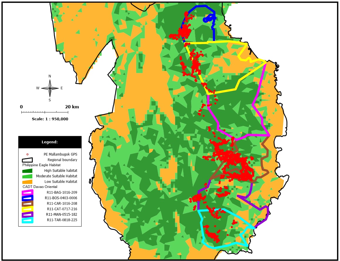 Kaart: Geschikte habitats van de Filippijnse adelaar en GPS-tracks van Malambugok
