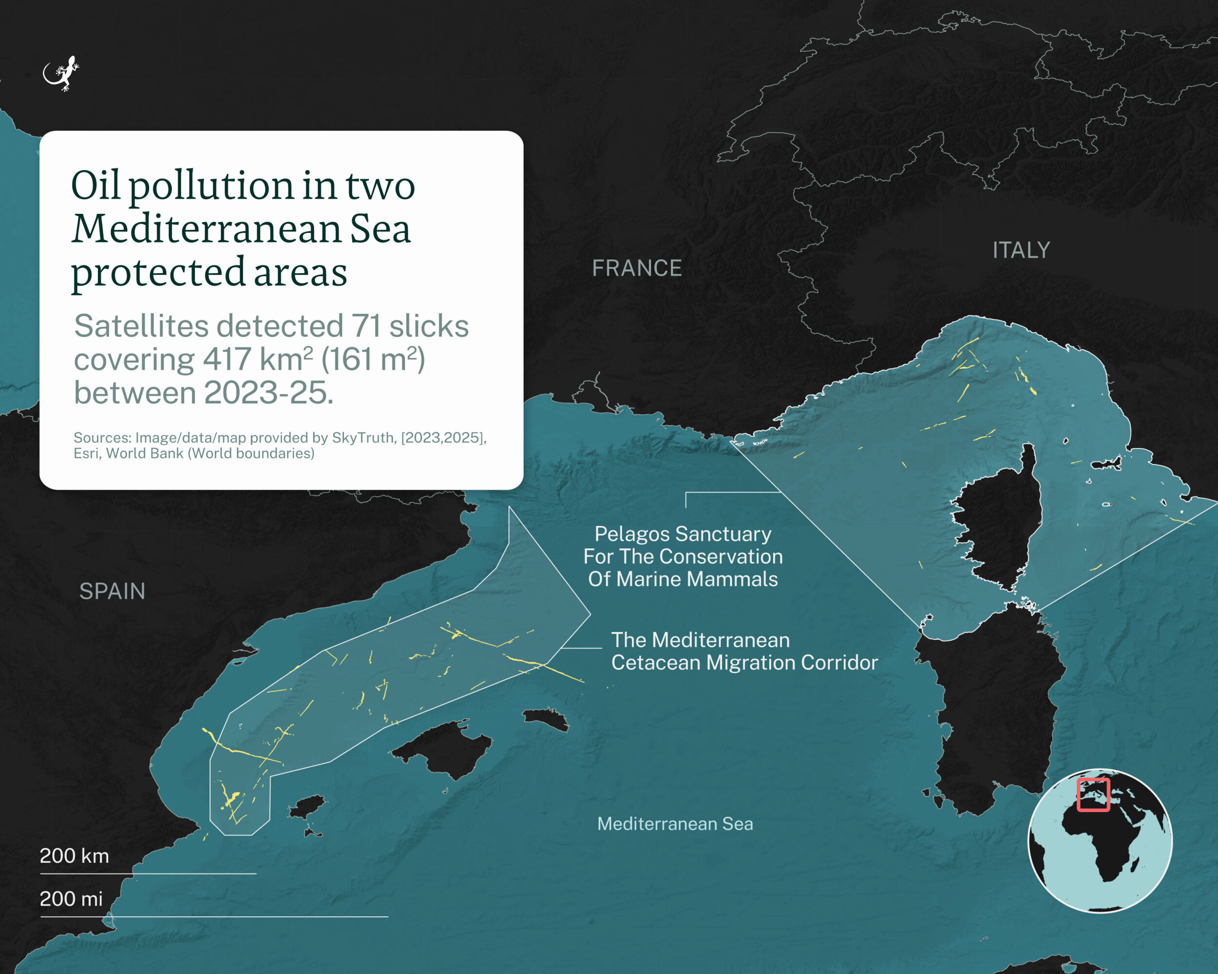 Olievervuiling in twee beschermde gebieden in de Middellandse Zee Tussen 2023 en 2025 hebben satellieten 71 olievlekken gedetecteerd die een oppervlakte van 417 km2 (161 m2) bestrijken