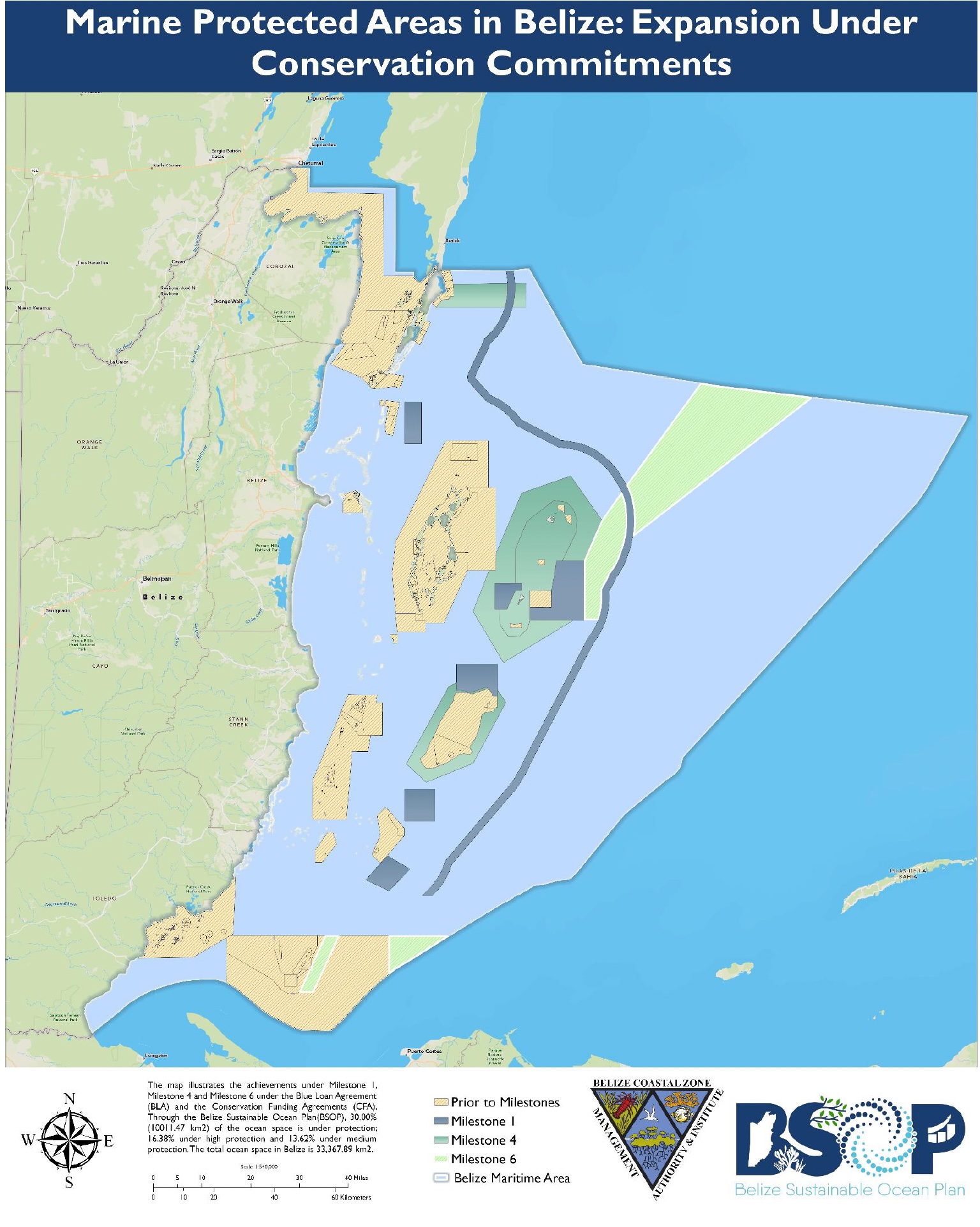 Kaart toont nieuwe beschermde mariene gebieden (lichtgroen) voorgesteld in het Belize Sustainable Ocean Plan. 