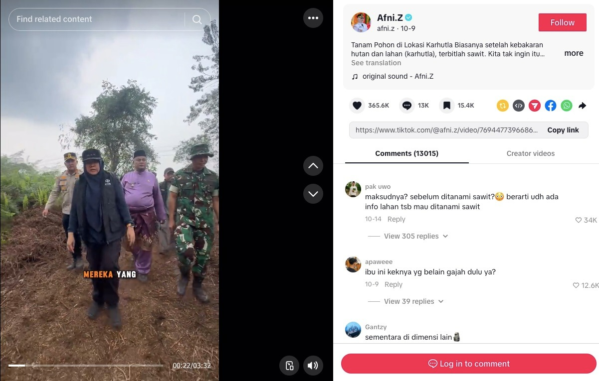 Screenshot van de TikTok-post van Afni Zulkifli, hoofd van het Siak-district, gedateerd 9 oktober 2026, toont hoe ze bomen plant op verbrand land. Het bericht werd op 20 oktober 2026 verwijderd voordat het werd hersteld. Afbeelding door Winda Charmila voor Mongabay.