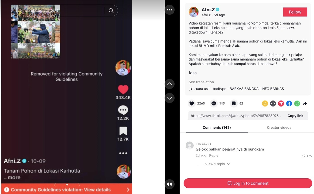 Screenshot van de TikTok-post van Siak-districtshoofd Afni Zulkifli op 20 oktober, waarin hij protesteerde tegen de verwijdering van haar video. Afbeelding door Winda Charmila voor Mongabay.