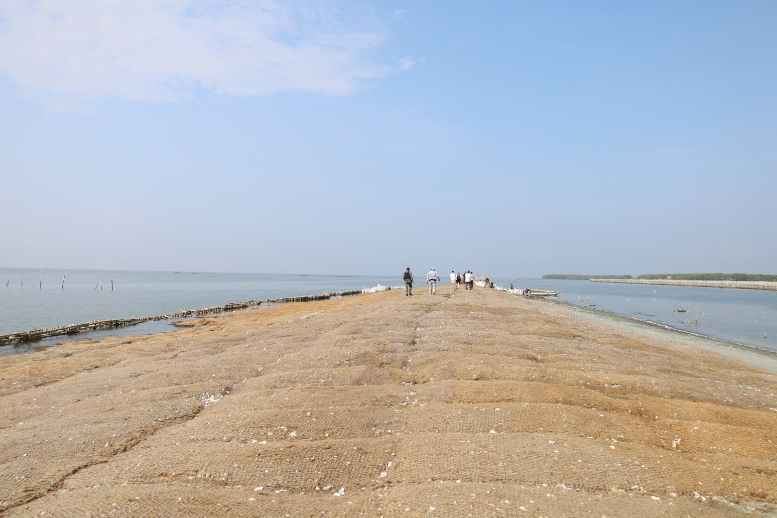 Afgedankte oesterschelpen die in netten van kokosnootschillen worden geplaatst, maken deel uit van het natuurgebaseerde kustverdedigings- en overstromingsbeheersproject in Pamarawan, de Filipijnen, op 27 september 2026. Afbeelding met dank aan het stadsbestuur van Malolos.