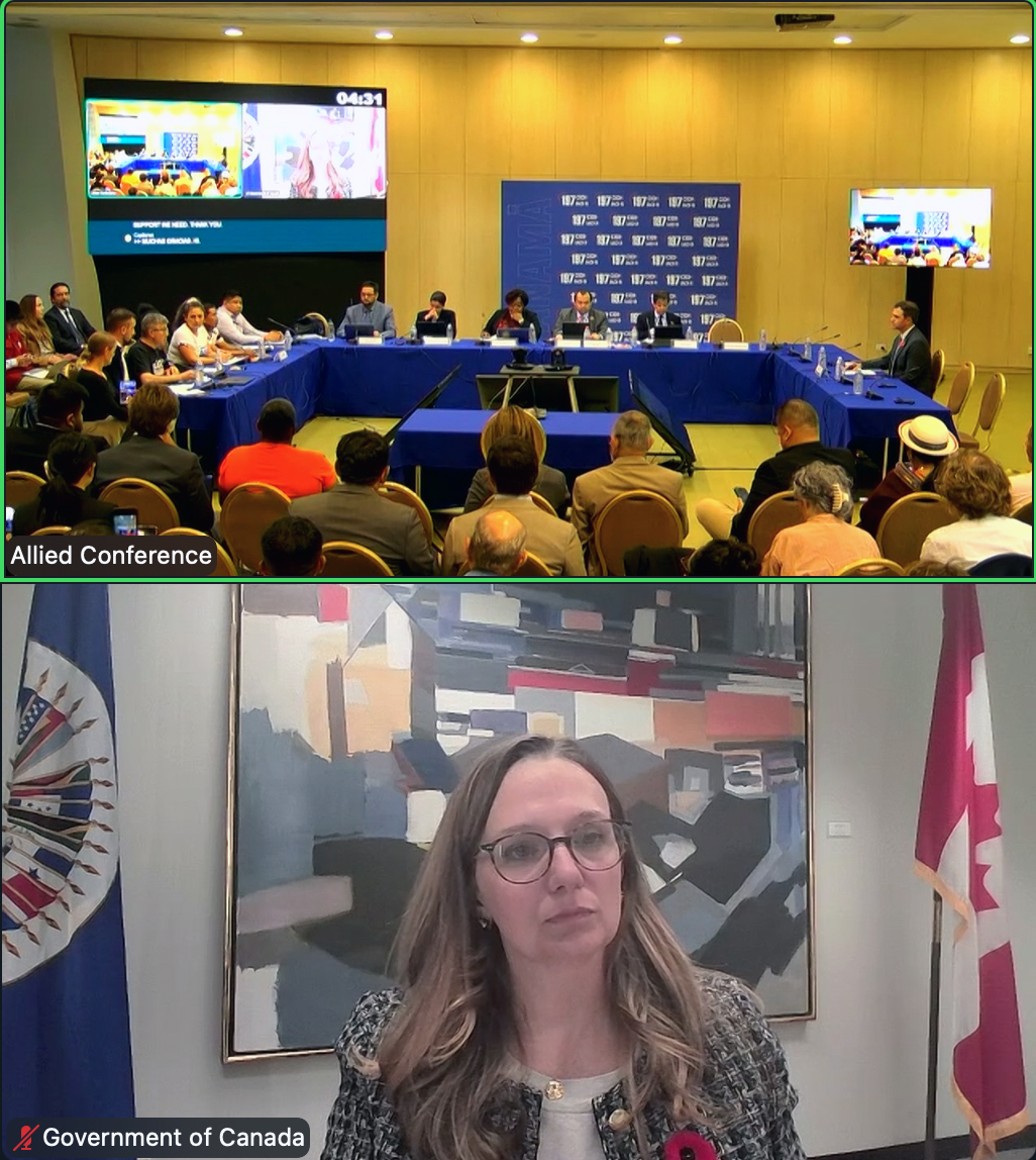 Gillian Gillard, vertegenwoordiger voor Canada, getuigt voor de Inter-Amerikaanse Commissie voor de Rechten van de Mens. Afbeelding door Annie Burns-Pieper.