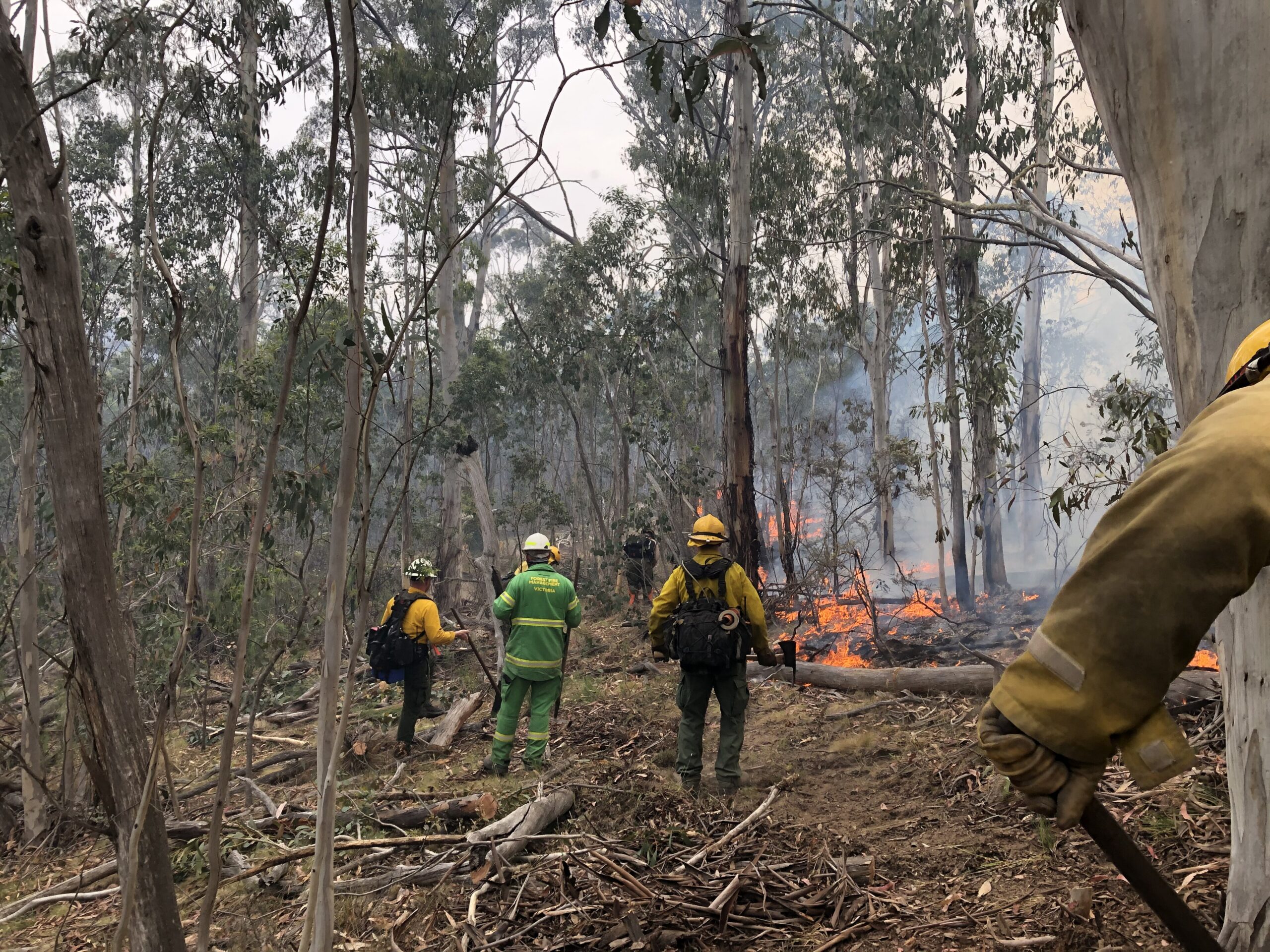 Hulpdiensten werken in de Australische bush om de schade veroorzaakt door bosbranden te bestrijden, januari 2020.